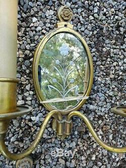 Antqe BRASS double ARM wall SCONCES 2 Matched Pr ETCHED federal flowers MIRROR