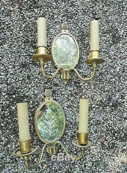 Antqe BRASS double ARM wall SCONCES 2 Matched Pr ETCHED federal flowers MIRROR