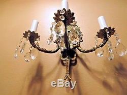 Antqiue Brass Wall Sconce Vintage French Electric 3 Light Lamp Crystal Prisms