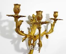 Art Deco Rococo Pair of Gold Gilt Bronze Wall Sconces Candelabras Louis XV
