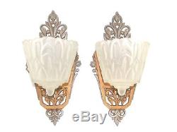 Art Deco Wall Sconces Pair of Antique Slip Shade Lincoln Nile Lights 1930's Orig