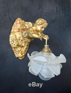 Art Nouveau French Angel Cherub Wall Sconce with Rose Glass Lamp Shade
