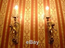 Art nouveau old brass cherubs pair french wall lamps sconces antique used lustre