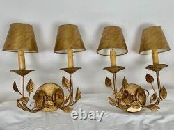 Arte De Mexico 1980s Antique Gold Wall Sconces with Matching Shades