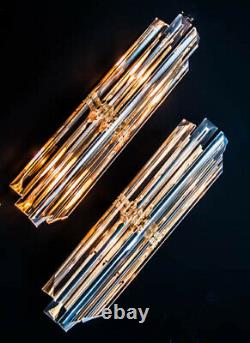 Astonishing Pair (2) Venini Style Crystal Glass Brass Wall Sconces 1970s