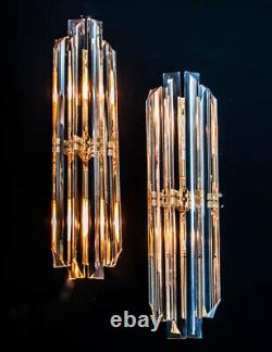 Astonishing Pair (2) Venini Style Crystal Glass Brass Wall Sconces 1970s
