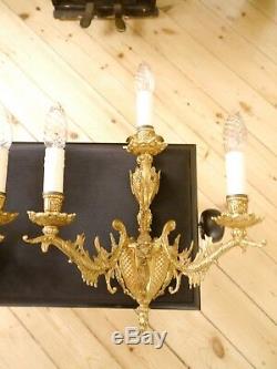 Baroque rococo french old 3 lights pair gold bronze fine wall lamps sconces