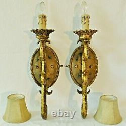 Beautiful PAIR Vintage Electric Antique Gold Flower Wall Light Sconces with Shades