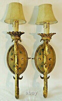 Beautiful PAIR Vintage Electric Antique Gold Flower Wall Light Sconces with Shades