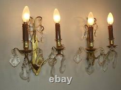 Beautiful Pair Double Antique French Brass Empire Crystal Wall Sconces 2171