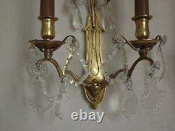 Beautiful Pair Double Antique French Brass Empire Crystal Wall Sconces 2171