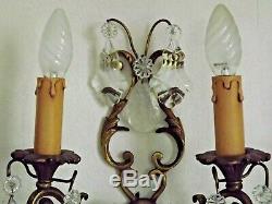 Beautiful Pair Double Antique French Bronze Open Back Crystal Wall Sconces 2172