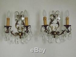 Beautiful Pair Double Antique French Bronze Open Back Crystal Wall Sconces 2172