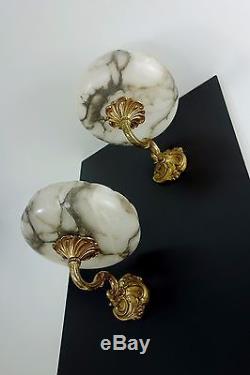 Beautiful Pair Of Antique Alabaster + Bronze Wall Lamps Sconces France 1920s