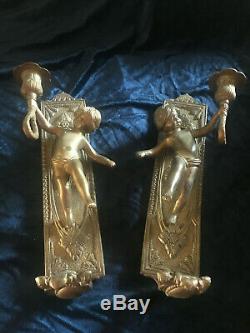 Beautiful Pair Of Ornate French Vintage Cherub Wall Sconces Solid Brass