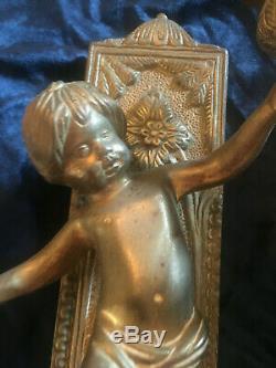 Beautiful Pair Of Ornate French Vintage Cherub Wall Sconces Solid Brass