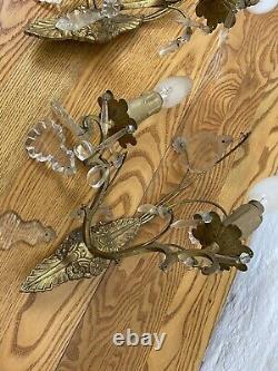 Beautiful Pair of Antique French Brass / Crystal Wall Lights Sconces Chandelier