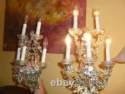 Beautiful Pair of Antique cca 1940 EUROPEAN Wall Light Sconces with Crystals, 5x