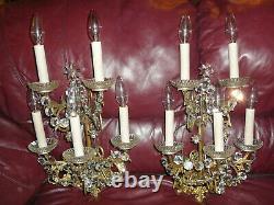 Beautiful Pair of Antique cca 1940 EUROPEAN Wall Light Sconces with Crystals, 5x