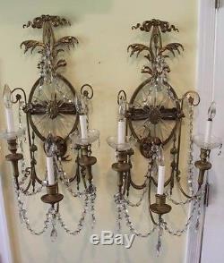 Beautiful Pair of Vintage Hard Wired Crystal Wall Sconces with Bronze Accents, 22