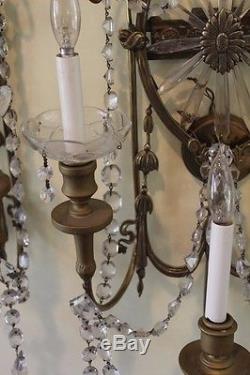 Beautiful Pair of Vintage Hard Wired Crystal Wall Sconces with Bronze Accents, 22