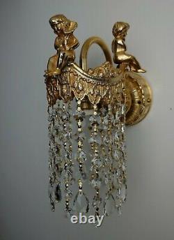 Boudoir Chic PAIR of Gold French CHERUB Downlight Wall Lights with Crystals