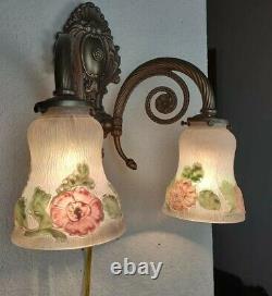 Brass 2 Arm Reverse Hand Painted Puffy Pink Rose Wall Sconce Light Fixture