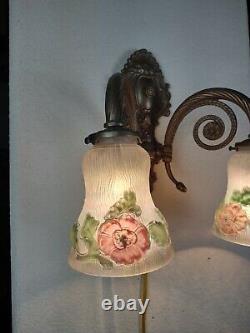 Brass 2 Arm Reverse Hand Painted Puffy Pink Rose Wall Sconce Light Fixture