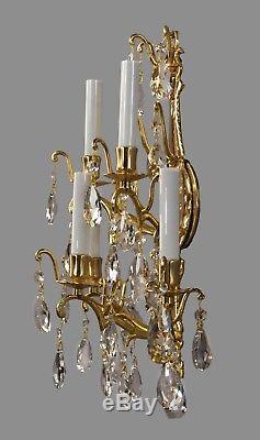 Brass & Crystal Marie Therese Sconces c1940 Vintage Antique Wall Lights