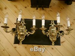 Brass finish spanish wall lamps pair sconces old appliques 3 lights