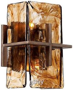 Bronze Vintage Rustic Industrial Gold Art Glass Panel Wide Wall Light Sconce