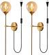 Brushed Brass Gold Wall Sconces Set Amber Glass Shade