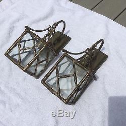 CHAPMAN Rare Pair Chinoserie Faux Bamboo Brass Pair Wall Sconces Lantern Lamp