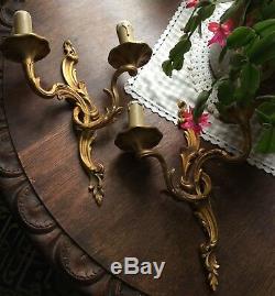 Chateau Vintage French Louis Gilt Bronze Double Arm Pair Of Wall Sconces Lights