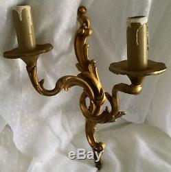 Chateau Vintage French Louis Gilt Bronze Double Arm Pair Of Wall Sconces Lights