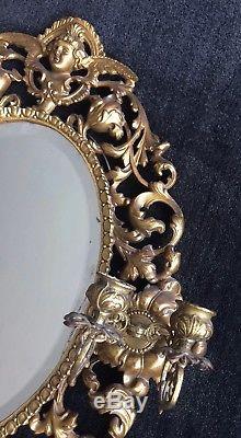 Cherub Wall Mirror / Candle Wall Sconce Antique Gold Gilt Metal