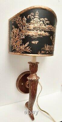 Chinese Asian Wall Sconce Lamp Chinoiserie Brass Shade Gold Tone Black 20