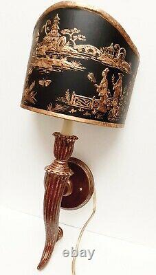Chinese Asian Wall Sconce Lamp Chinoiserie Brass Shade Gold Tone Black 20