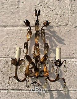 Double Wall Sconce Brass Hollywood Regency Brown Prisms Tulips Flowers HTF