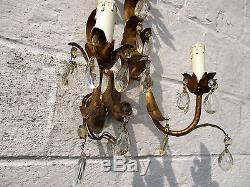 Double Wall Sconce Brass Hollywood Regency Brown Prisms Tulips Flowers HTF