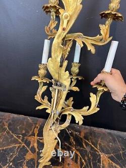 Early 20th Century Louis XVI Style Gilt Bronze Five Branch Wall Sconces a Pair