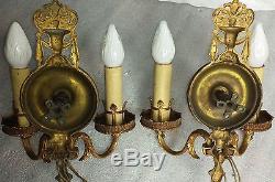 Exceptional pair vtg early 1900s solid brass antique wall sconces Lion Electric