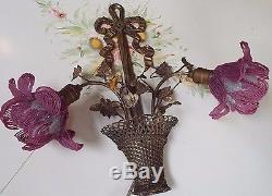 FLORAL GOLD TOLE PAINTED BASKET WALL SCONCE WithVICTORIAN BEADED SHADES NR