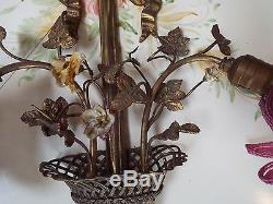 FLORAL GOLD TOLE PAINTED BASKET WALL SCONCE WithVICTORIAN BEADED SHADES NR