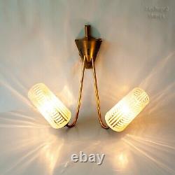 FRENCH Vintage Double Wall Light Sconce 1960s Mid-Century Modern Brass & Glass