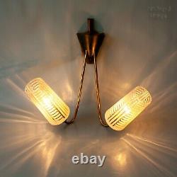 FRENCH Vintage Double Wall Light Sconce 1960s Mid-Century Modern Brass & Glass
