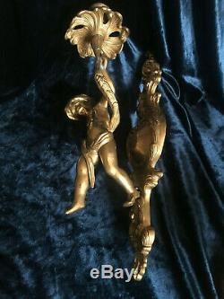 Fabulous Pair Of French Vintage Solid Gilt Brass Cherub Wall Sconces