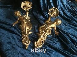 Fabulous Pair Of French Vintage Solid Gilt Brass Cherub Wall Sconces