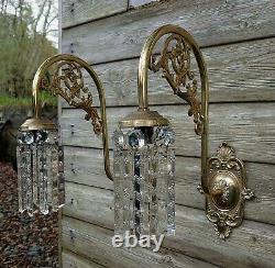 Fabulous Pair of Vintage Downlight Brass Wall Lights with LEAD Cut Crystals