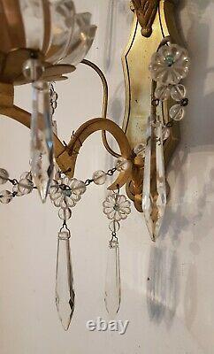 Fabulous Pair of Vintage French Brass Wall Lights with Crystal Swags & Rosettes